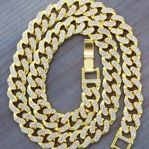 13mm 20inches Cuban Ice Round Curb Diamond Chain 18k Gold Plated Necklace